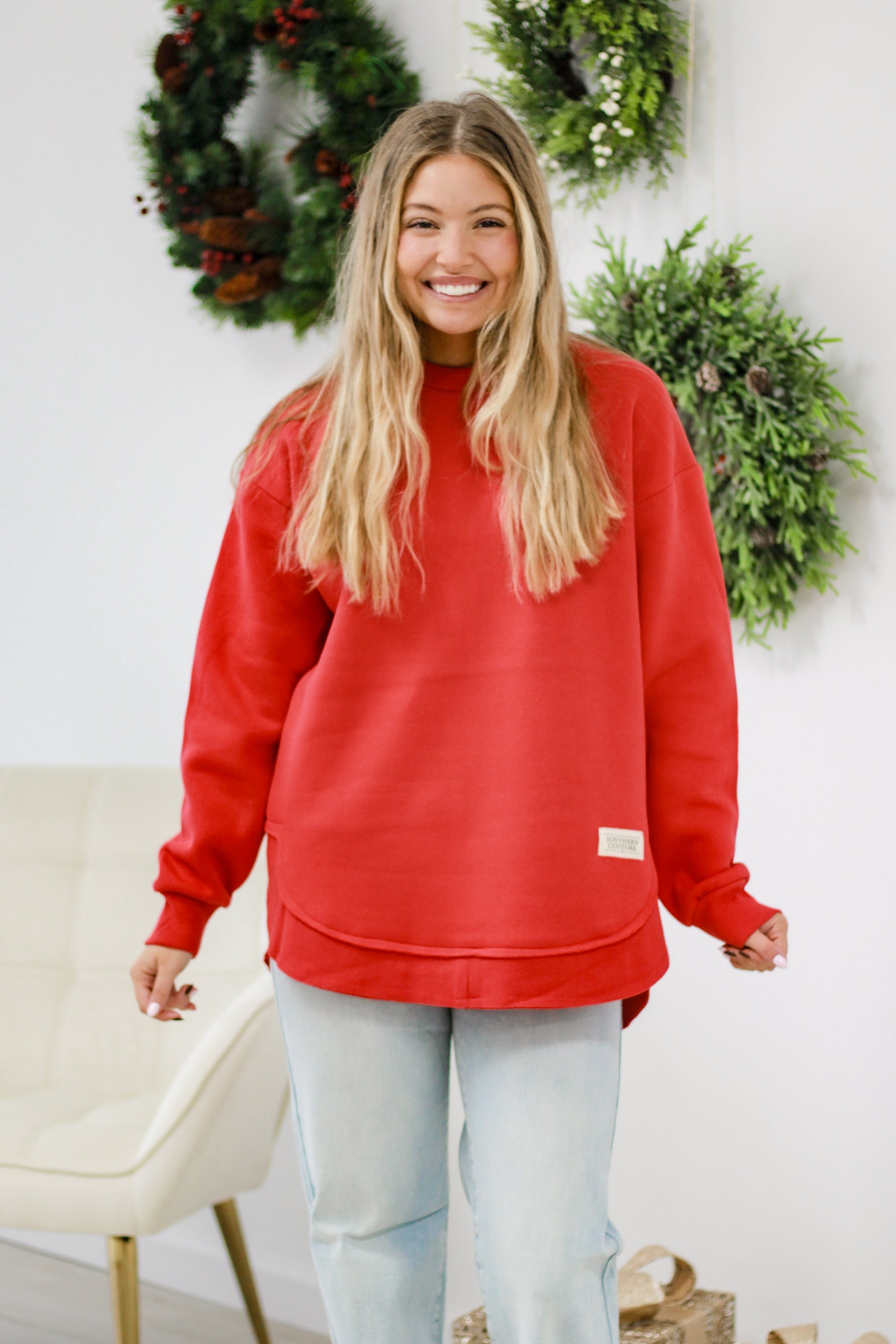 This is the One Comfy Pullover in Christmas Red