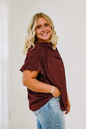 The Time is Now Ruffle Sleeve Blouse in Plum