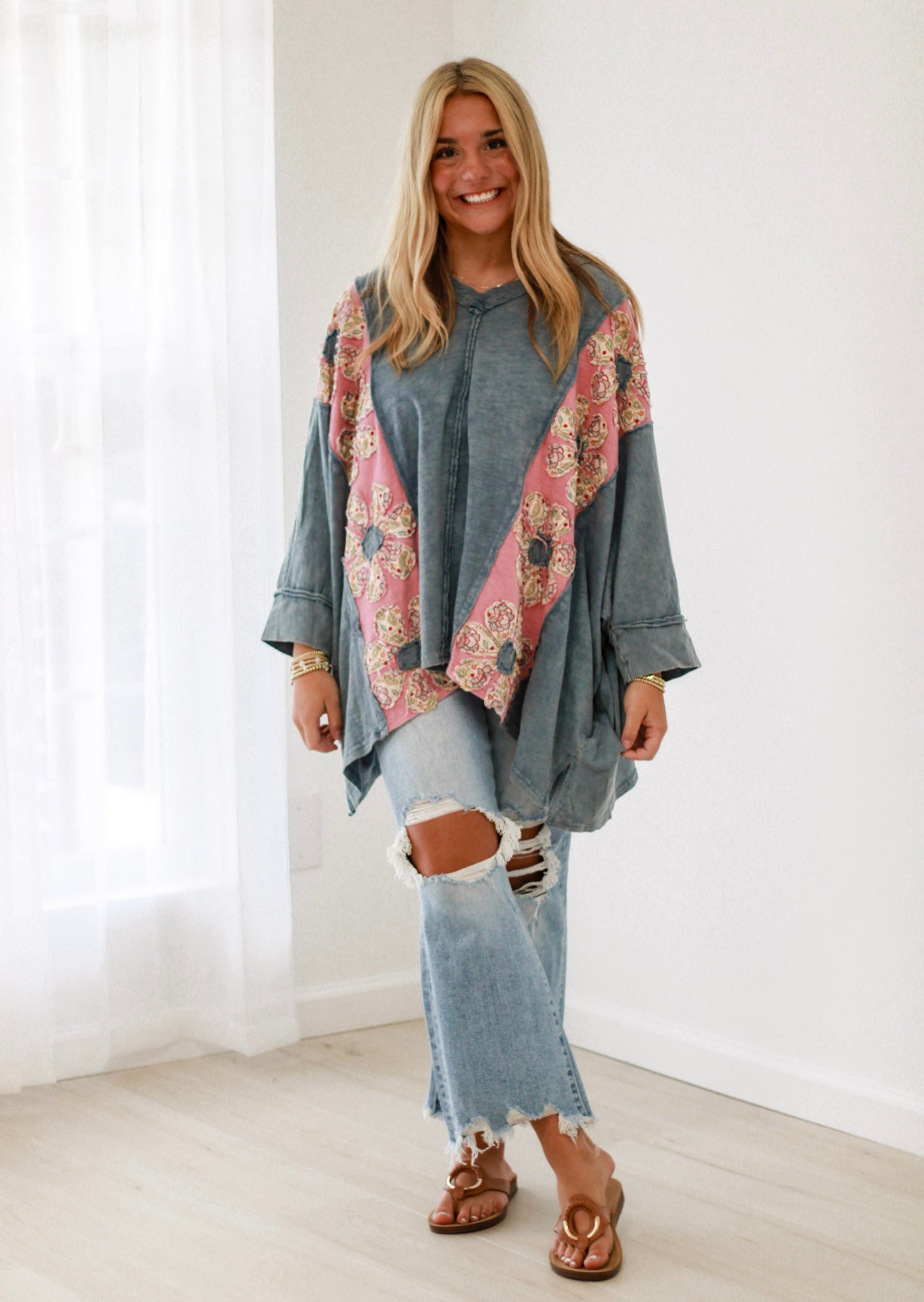 Flanked in Floral Oversized Top in Denim