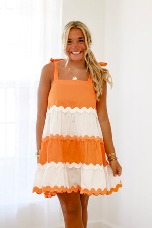 Beach Walk Shoulder Tie Mini Dress in Orange/White