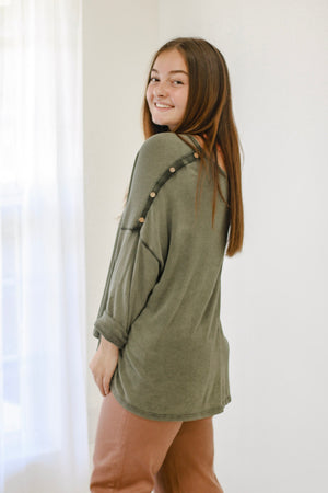 For Us All Button Detail Top in Olive