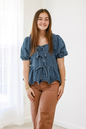 Just a Girl Denim Bow Blouse