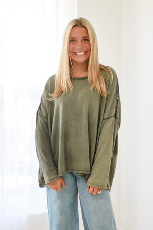 For Us All Button Detail Top in Olive