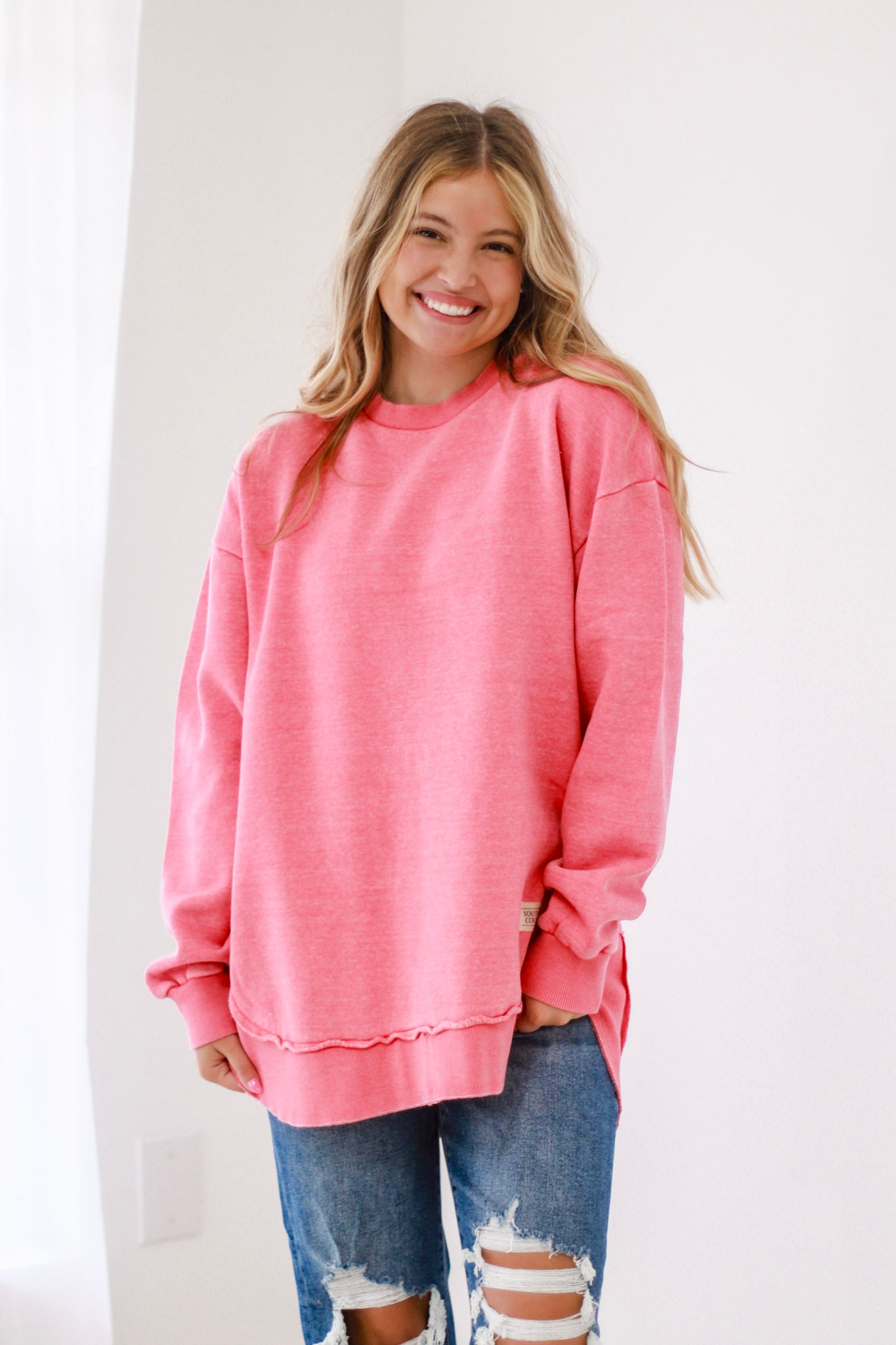 This is the One Comfy Pullover in Watermelon