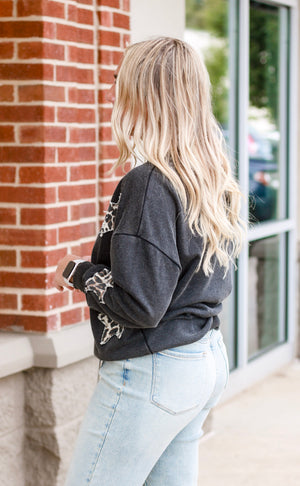 She's a Big Star Black Pullover with Leopard Stars