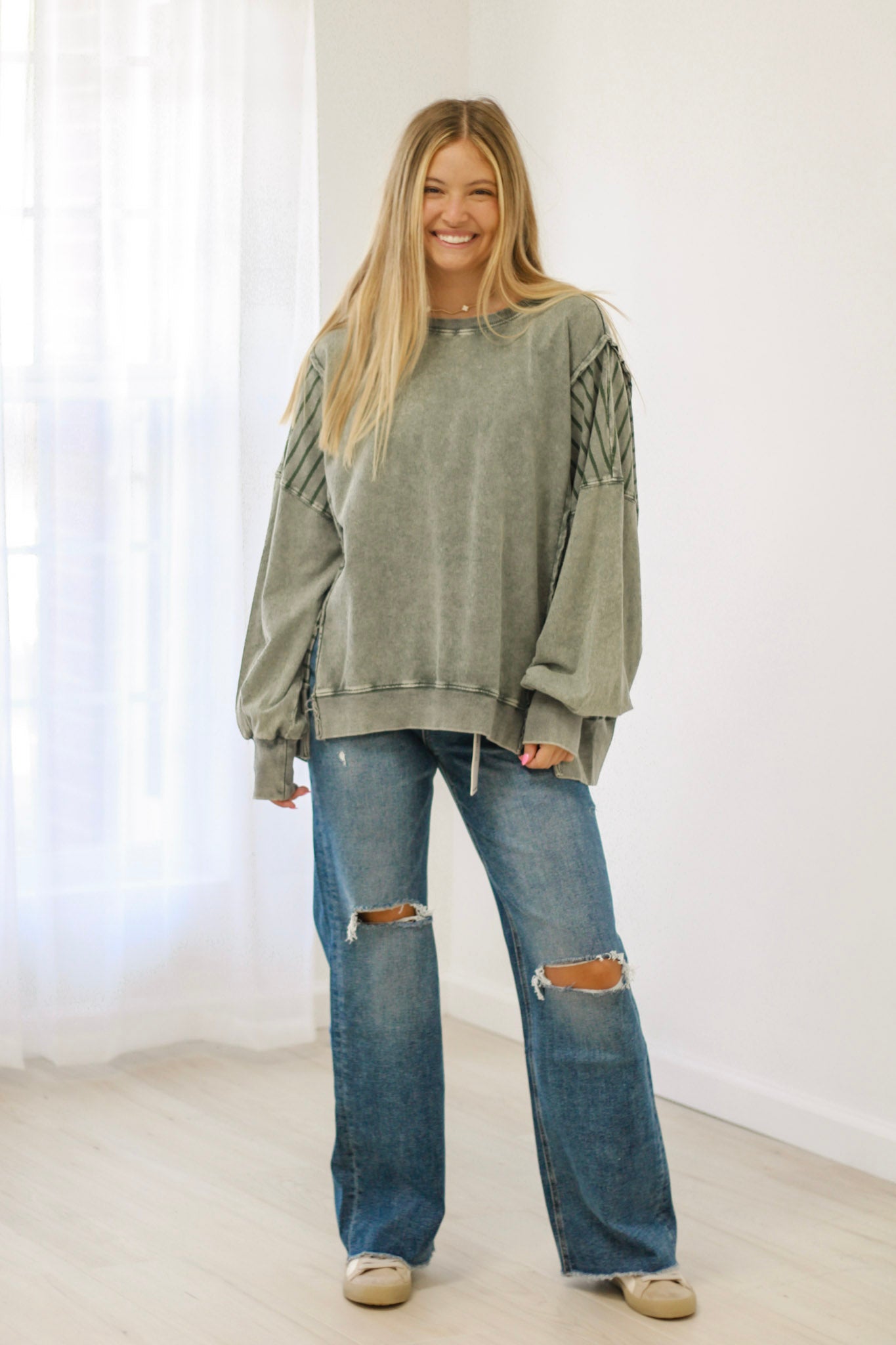 Shout Out to Fall Stripe Sleeve Top in Moss