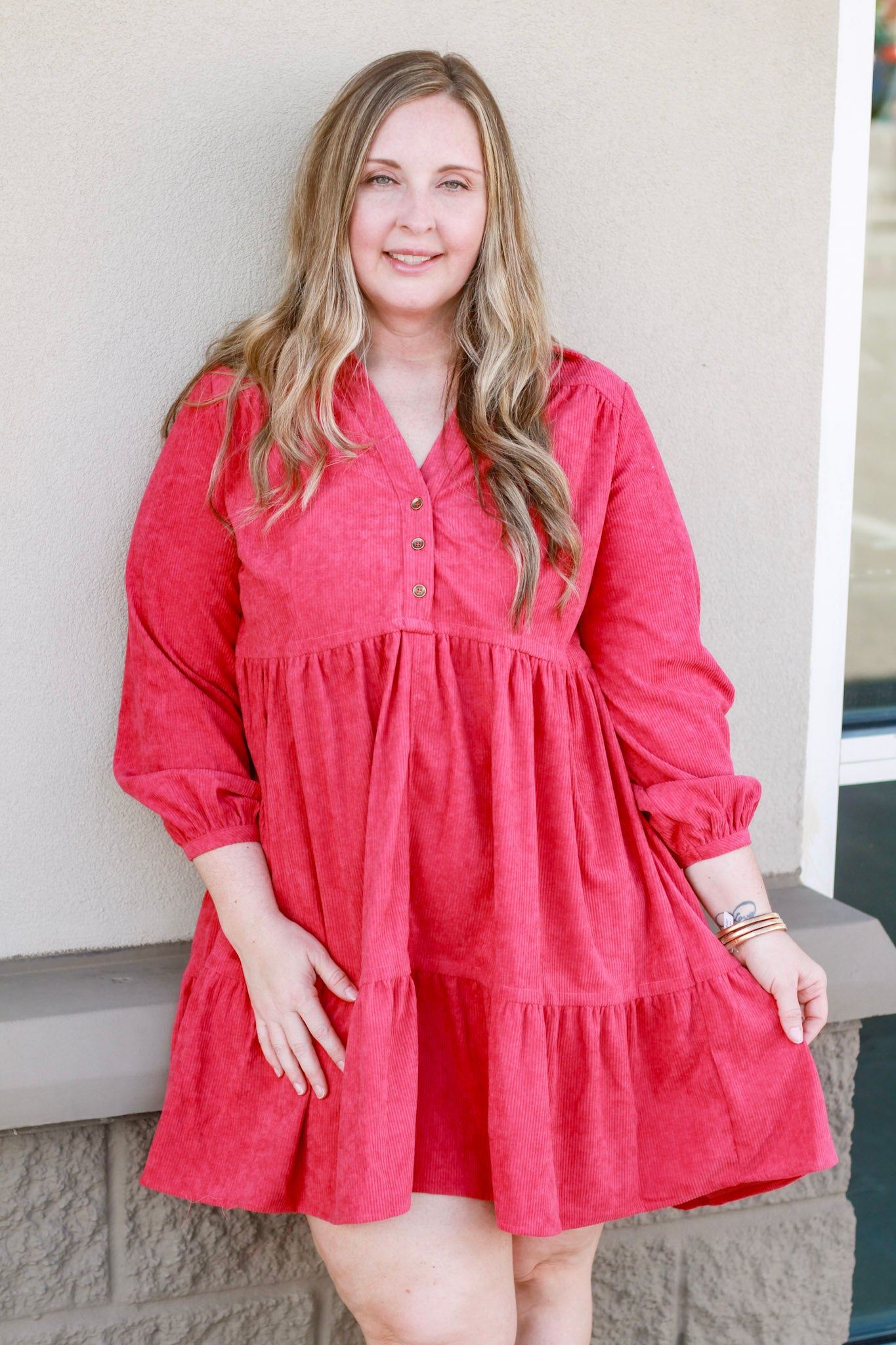 Take a Bow Corduroy Dress in Berry