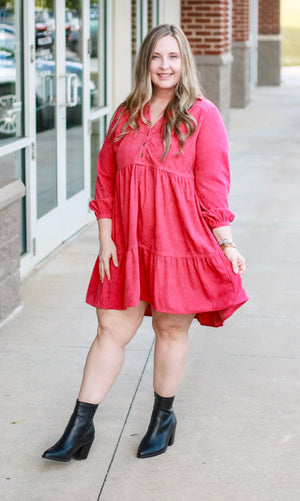 Take a Bow Corduroy Dress in Berry