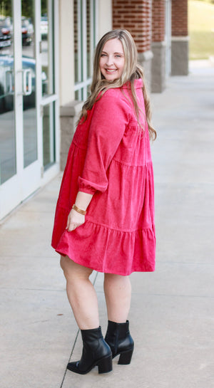 Take a Bow Corduroy Dress in Berry