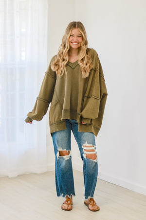 Falling for Love Mineral Wash Sweatshirt in Olive