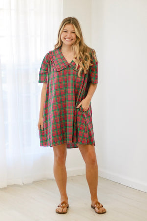 Meeting You in Pink Plaid Ruffle Collar Dress