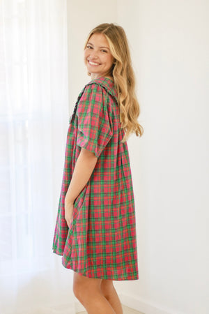 Meeting You in Pink Plaid Ruffle Collar Dress