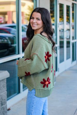 Holding Hands with Fall Floral Sweater in Olive