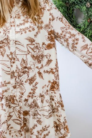 Waltzing into Winter Floral Dress in Cocoa