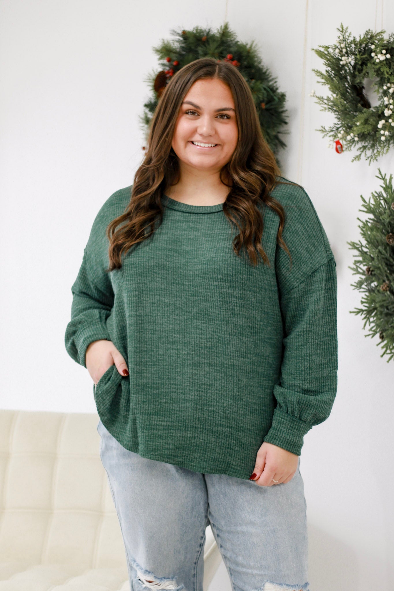 Christmas Morning Ribbed Top in Hunter Green