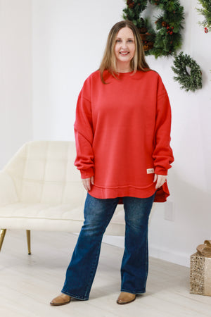 This is the One Comfy Pullover in Christmas Red