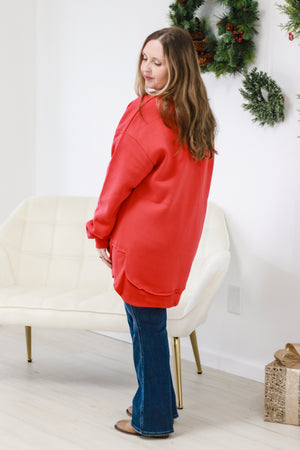 This is the One Comfy Pullover in Christmas Red