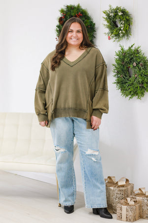 Falling for Love Mineral Wash Sweatshirt in Olive