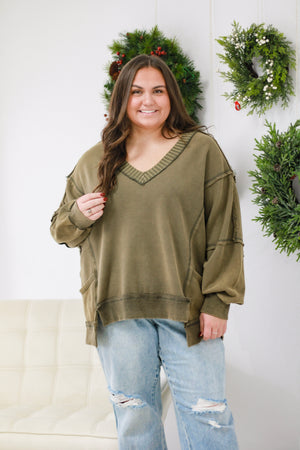 Falling for Love Mineral Wash Sweatshirt in Olive