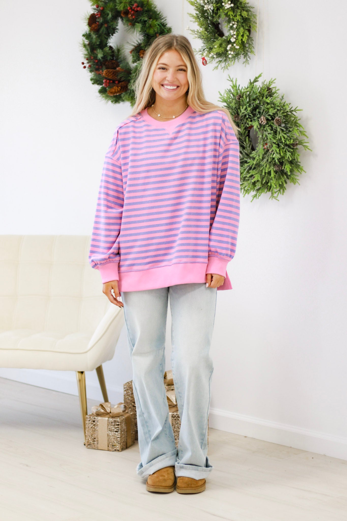 All The Love Striped Oversized Top In Pink/Purple