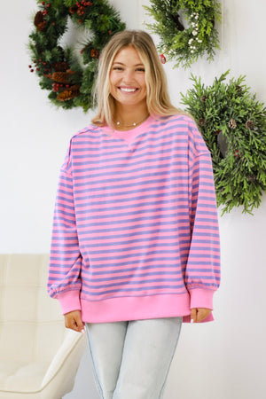 All The Love Striped Oversized Top In Pink/Purple