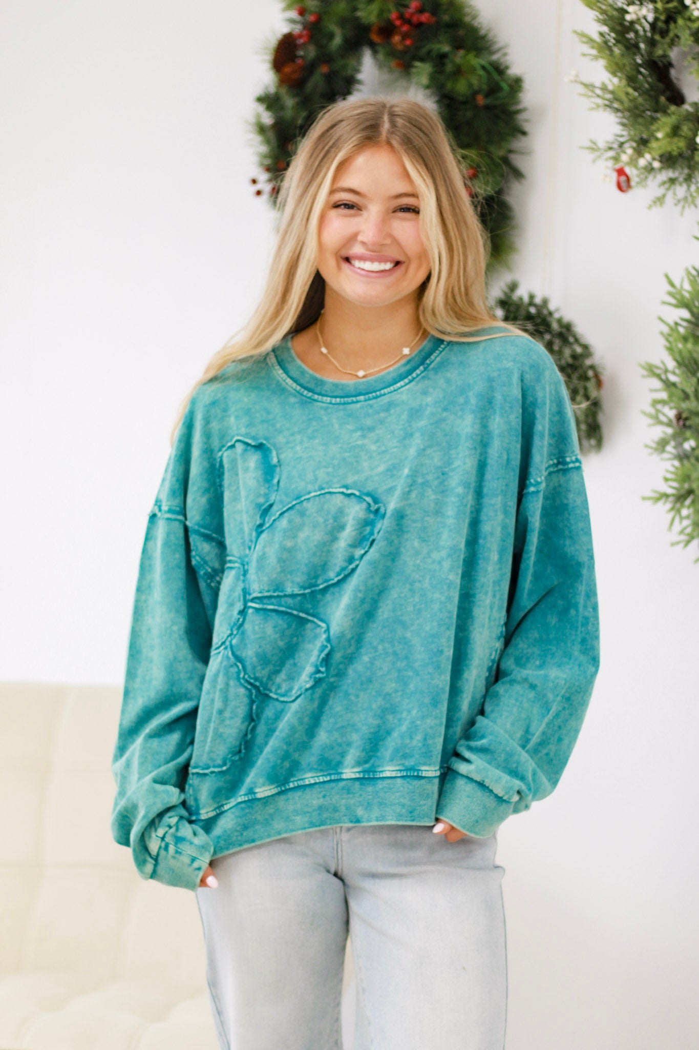 Flower Power Pullover in Teal