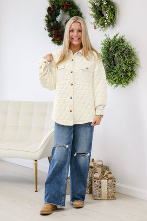 Buttoned Up Puffer Shacket in Cream