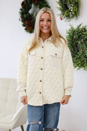 Buttoned Up Puffer Shacket in Cream