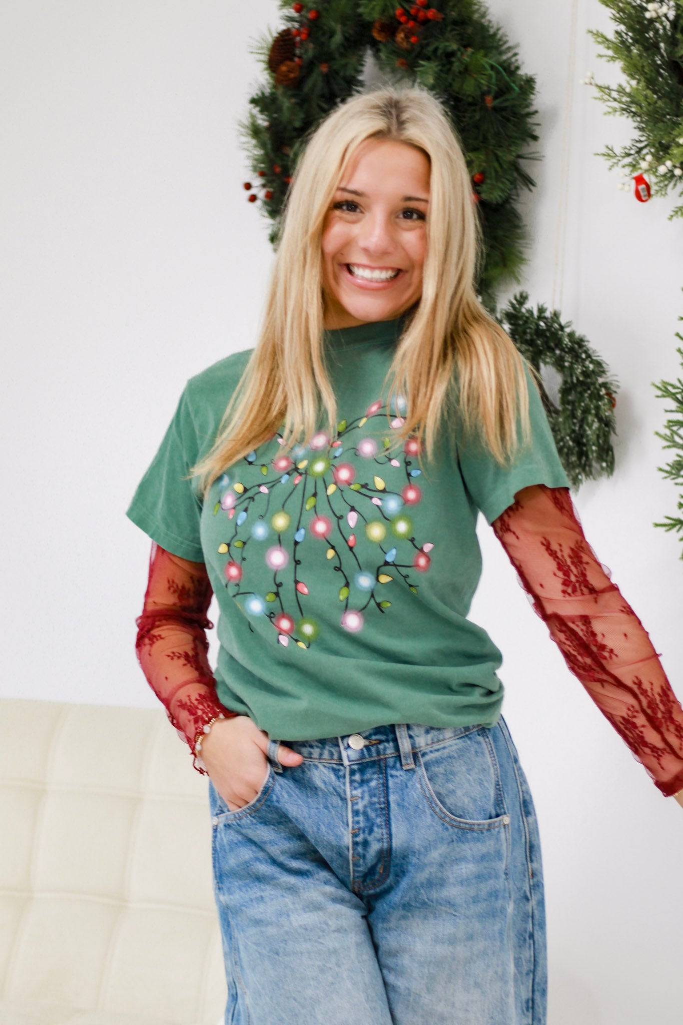 Christmas Green Lighted Bow Comfort Colors Tee