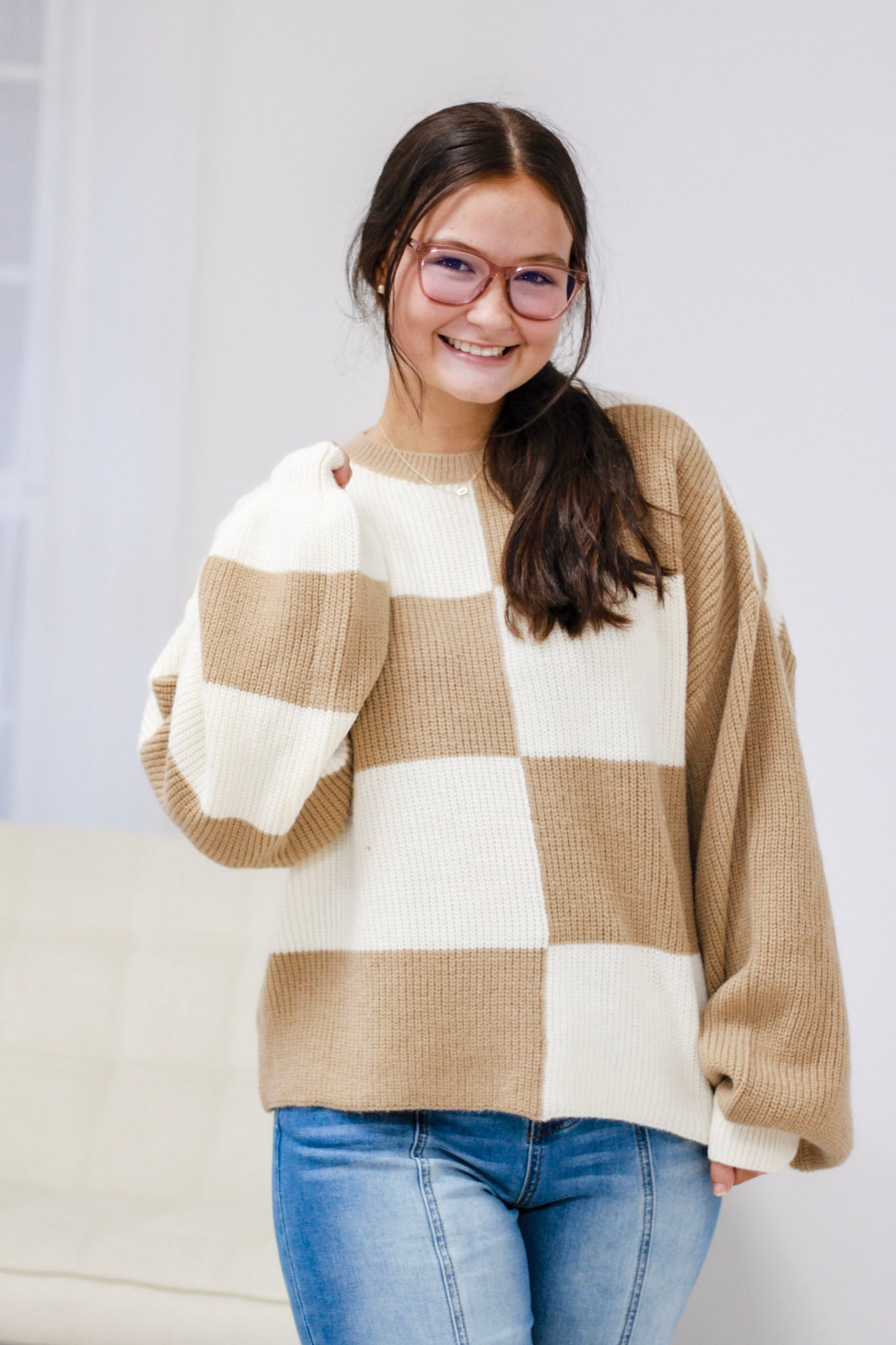 A Checkered Past Sweater in Mocha