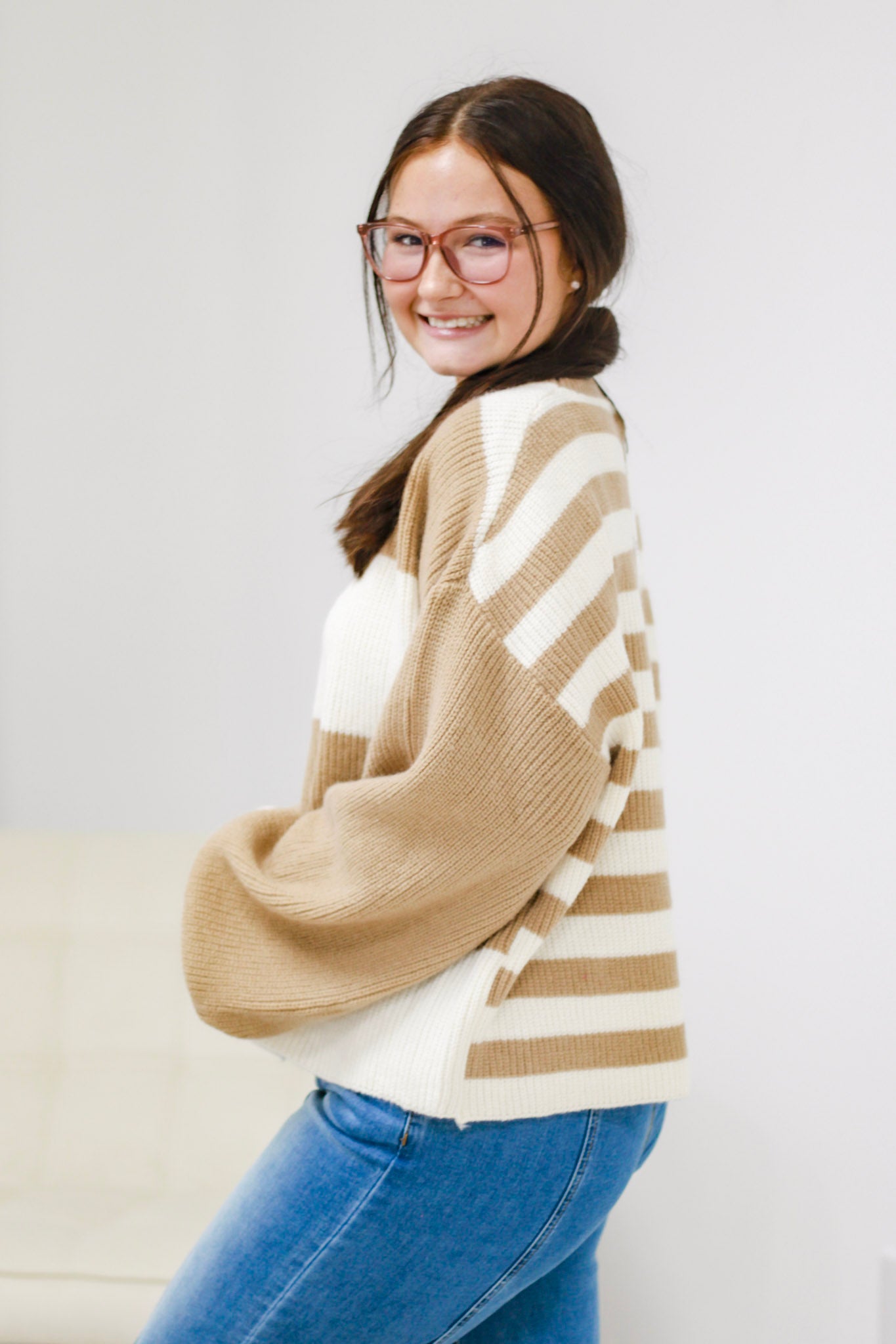 A Checkered Past Sweater in Mocha