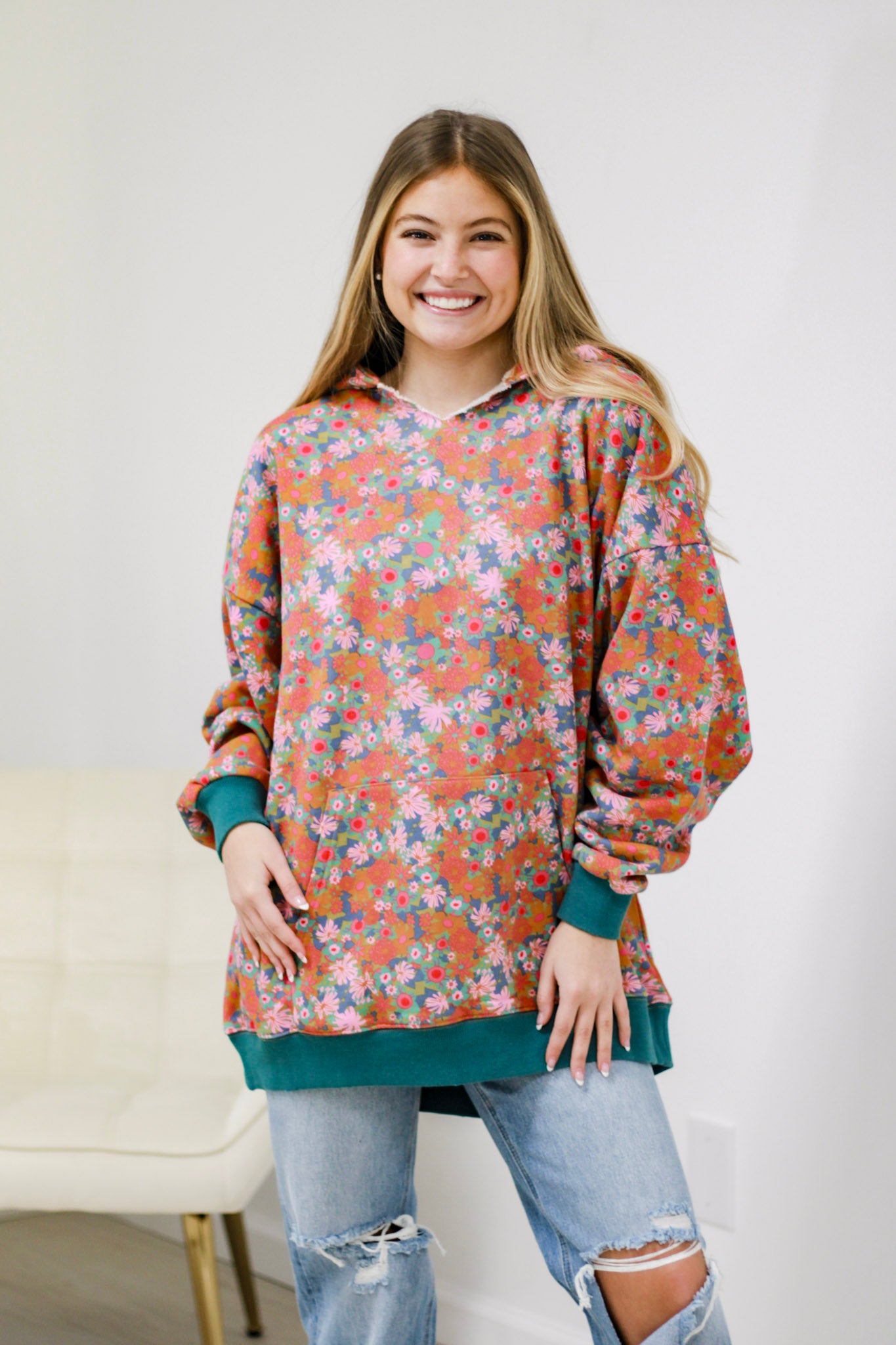 Natural Life Oversized Floral Sweatshirt in Teal