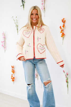 Hit by Cupid Embroidered Jacket by Peach Love