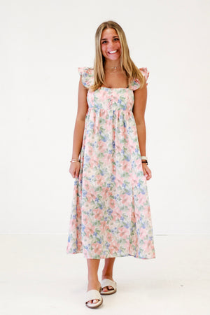 Garden Parties Watercolor Floral Print Midi Dress in Rose Pink