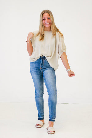 Boardwalk Stroll Elastic Sleeve Blouse Top in Oatmeal