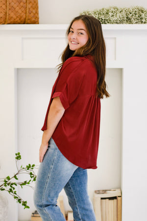 Casual Date Short Sleeve Button Down Top in Wine