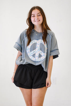 Peaceful Vibes Mineral-Washed Peace Sign Terry Knit Top