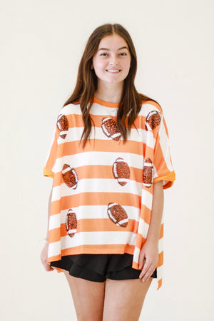 Touchdown Spark Sequin Stripe Top in Orange/White