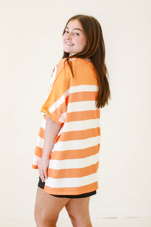 Touchdown Spark Sequin Stripe Top in Orange/White