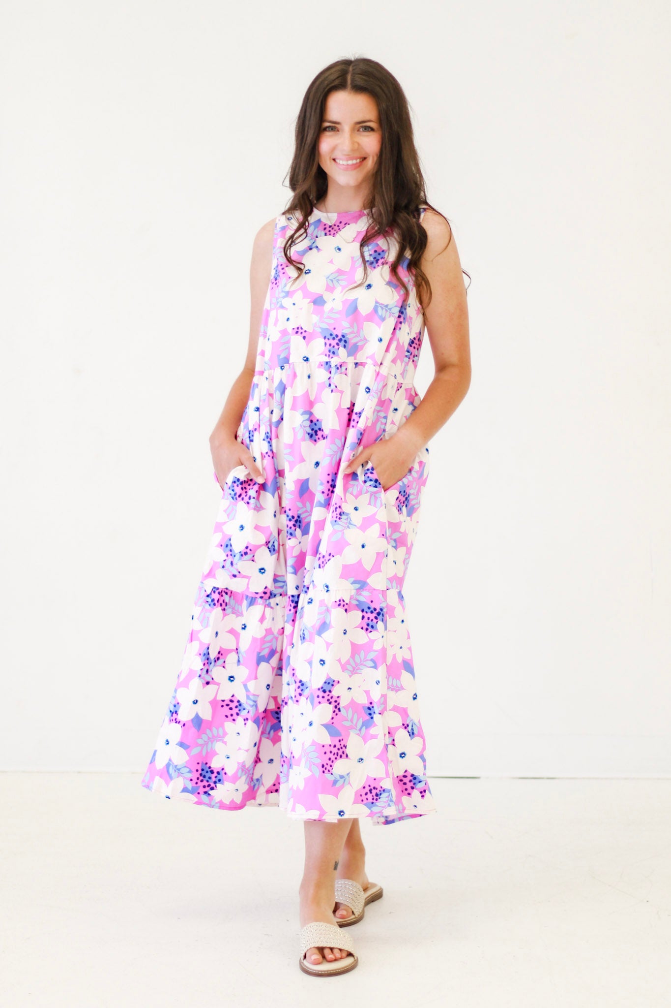 Fresh Flower Print Poplin Midi Dress in Lilac Rose