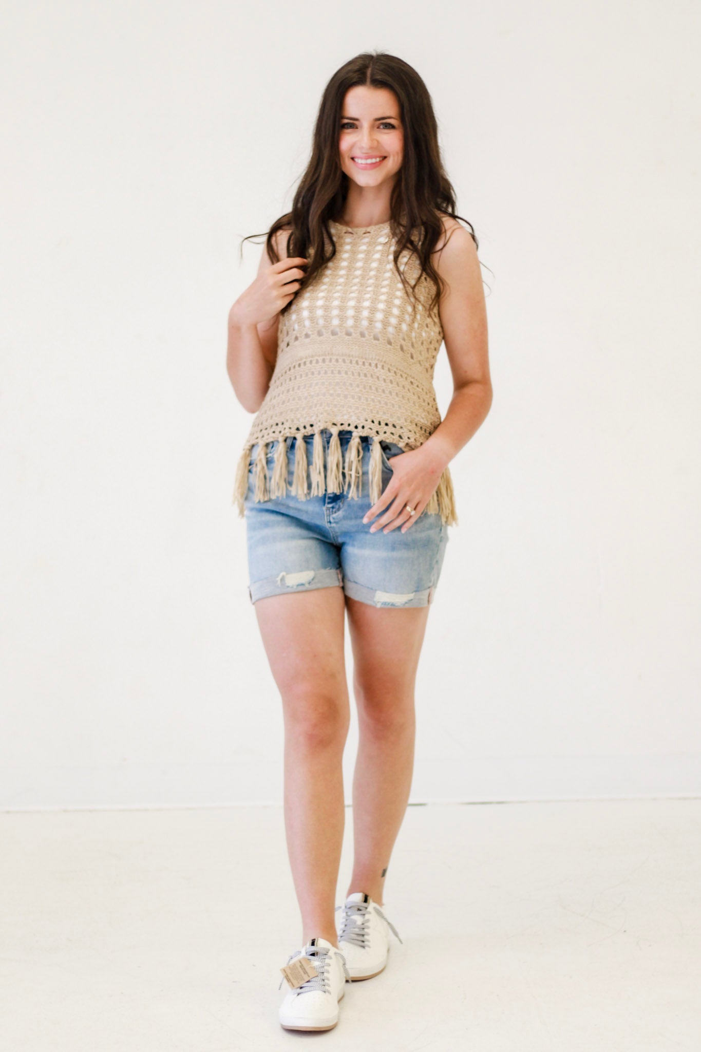 Trendy Tribe: Crochet Knit Tank Top in Khaki