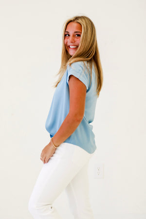 Modern Maven Split Neck Blouse in Denim Blue