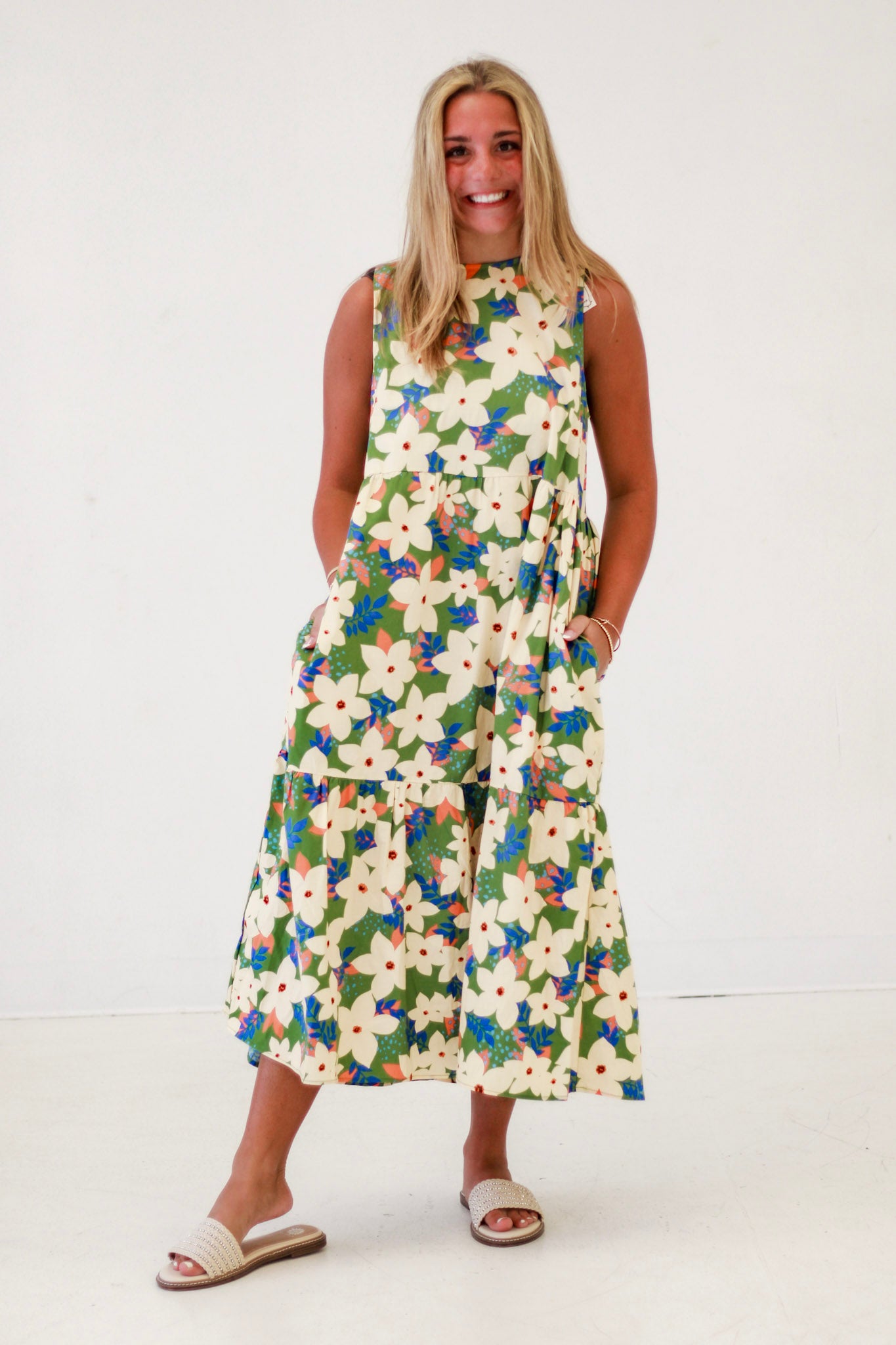 Fresh Flower Print Poplin Midi Dress in Leaf