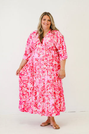 Petals In Bloom 3/4 Sleeve Floral Print Maxi Dress in Pink