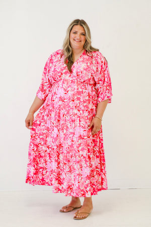 Petals In Bloom 3/4 Sleeve Floral Print Maxi Dress in Pink