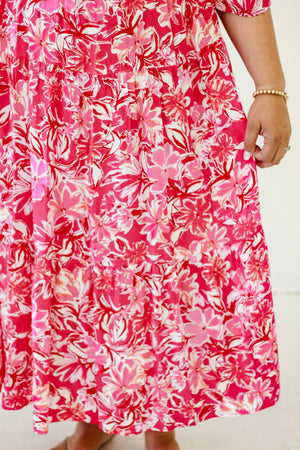 Petals In Bloom 3/4 Sleeve Floral Print Maxi Dress in Pink