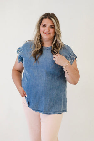 Denim Dreams Pearl Embellished Top