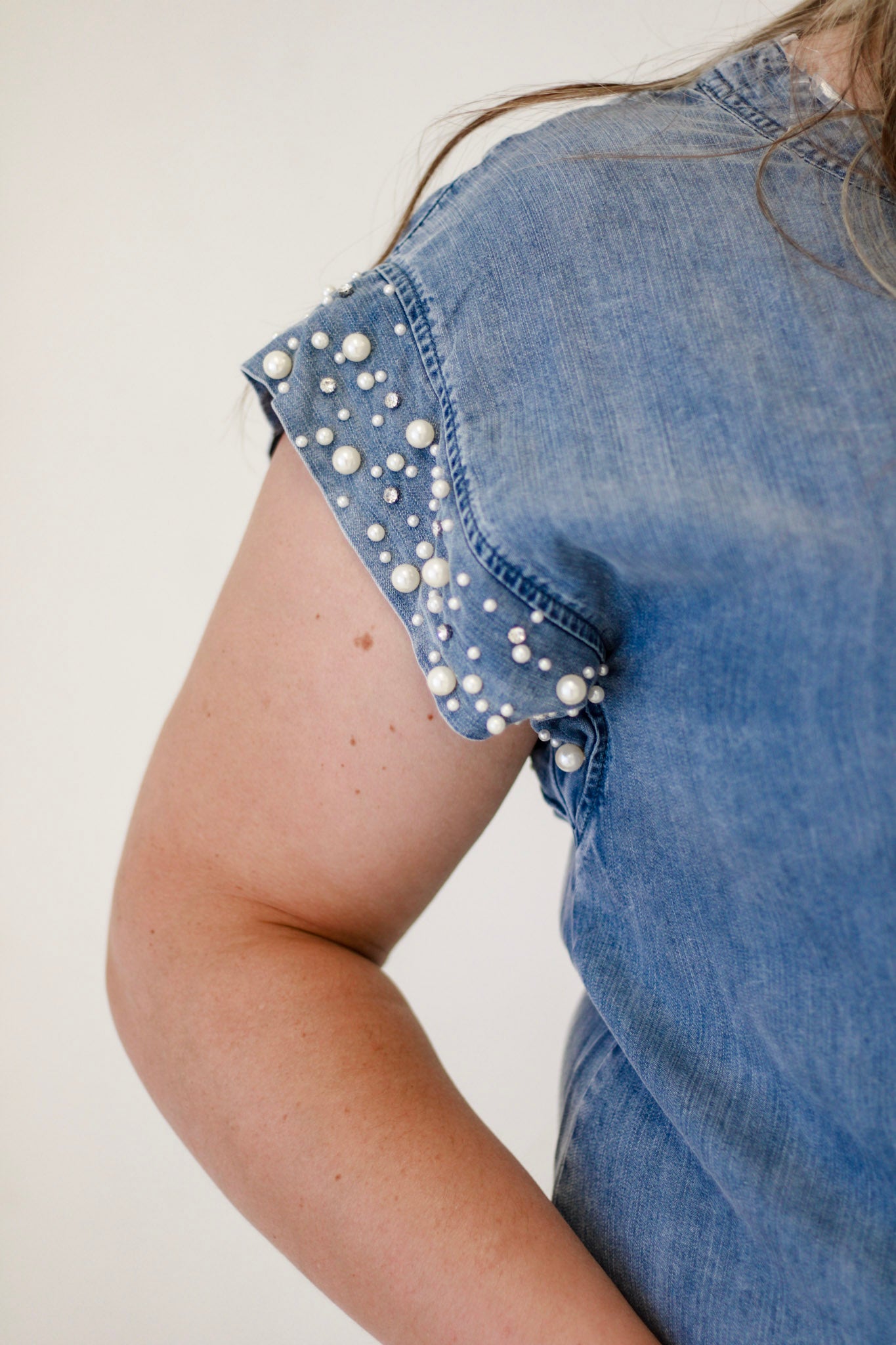 Denim Dreams Pearl Embellished Top