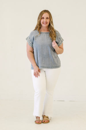 Denim Dreams Pearl Embellished Top