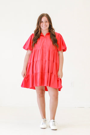 Puff Sleeve Perfection Solid Button Up Tiered Dress in Red